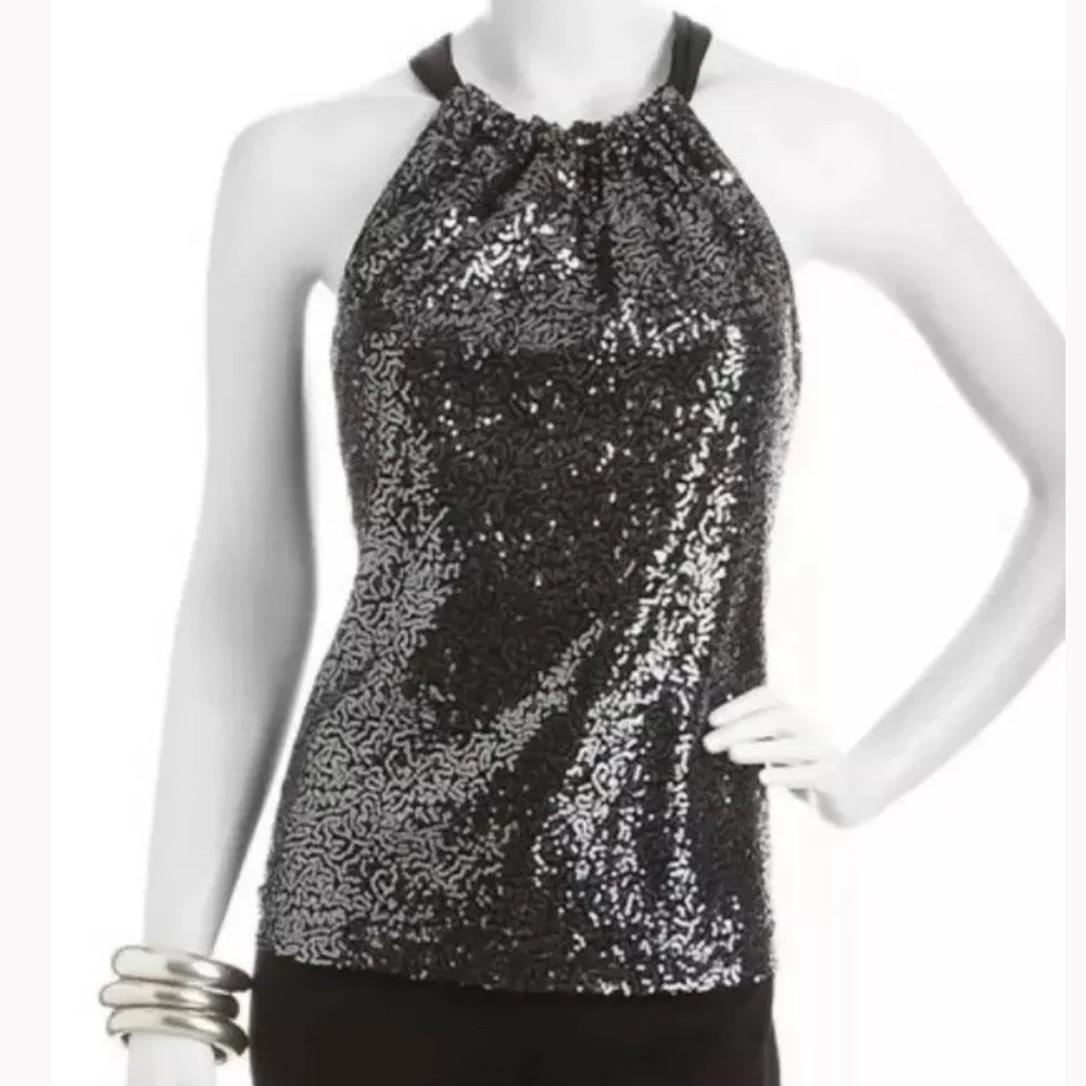 Elie Tahari Black Silver Sequins Sleeveless Top L